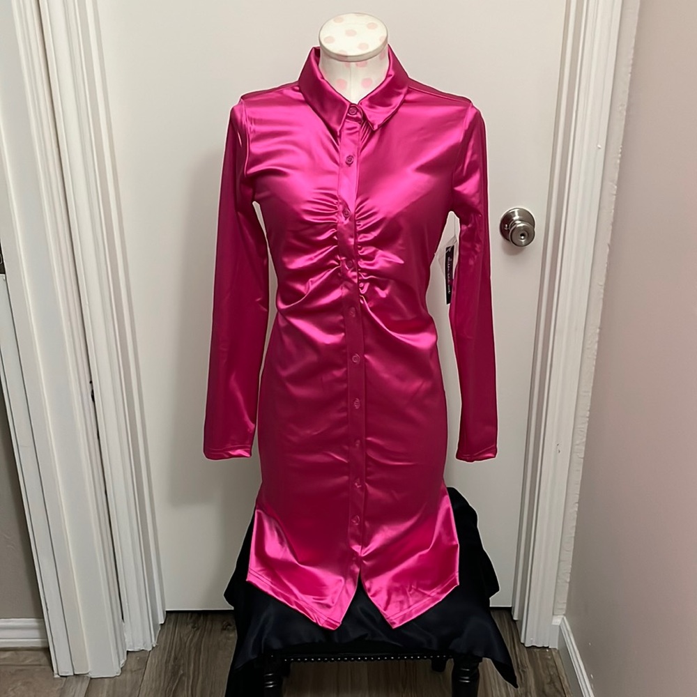 Hot Pink Satin Ruched Dress